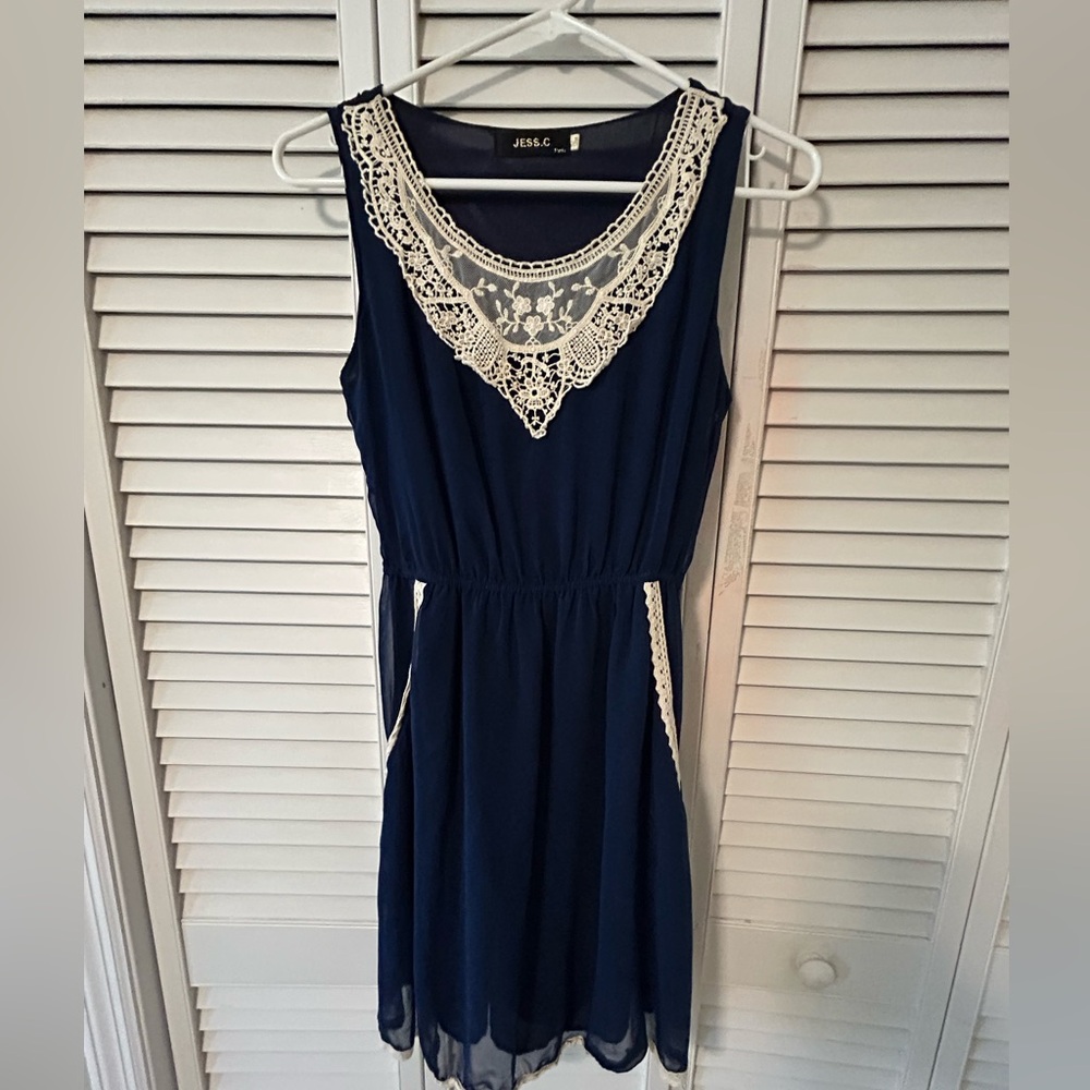 Navy Blue Lace Trim Dress